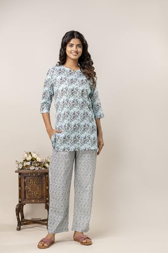 Image of Pure Cotton Printed Night Suit Top and Pyjama Set for Women's Night Dress of Shirt & Pyjama Set for Womens