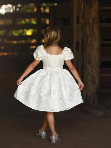Satin Flower Girl Dress Wedding Puff Sleeves Ball Gowns Round Neck Knee Length First Communion Elegant Dresses3