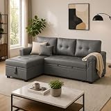 Naomi Home L Shaped Sectional Couch with Storage & Pull Out Bed – 3-in-1 Convertible Sleeper Sofa Bed, Small L Shape Sofa for Living Room, Sofa Bed with Storage Chaise in Gray, Air Leather