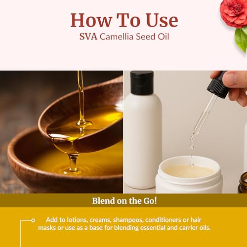 SVA Organics Camellia Oil Organic USDA 4 Ounce Pure Natural Cold Pressed Carrier Oil for Skin Care, Hair, Face Cleanser, Shampoo
