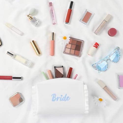 Etercycle Bride Cosmetic Bag, White Satin Bride To Be Makeup Bags Exquisite Embroidery Something Blue Bridal Shower Gifts, Ruffle Toiletry Bag For Engagement Wedding Bridesmaid Bachelorette Party3