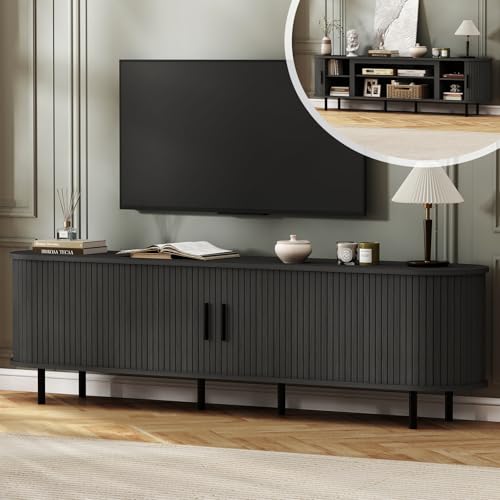 BREEZEHEAT 80'' Mid Century Fluted Modern TV Stand-Curved TV Cabinet with Storage, Sliding Doors & Adjustable Shelves-Entertainment Center for TVs Up