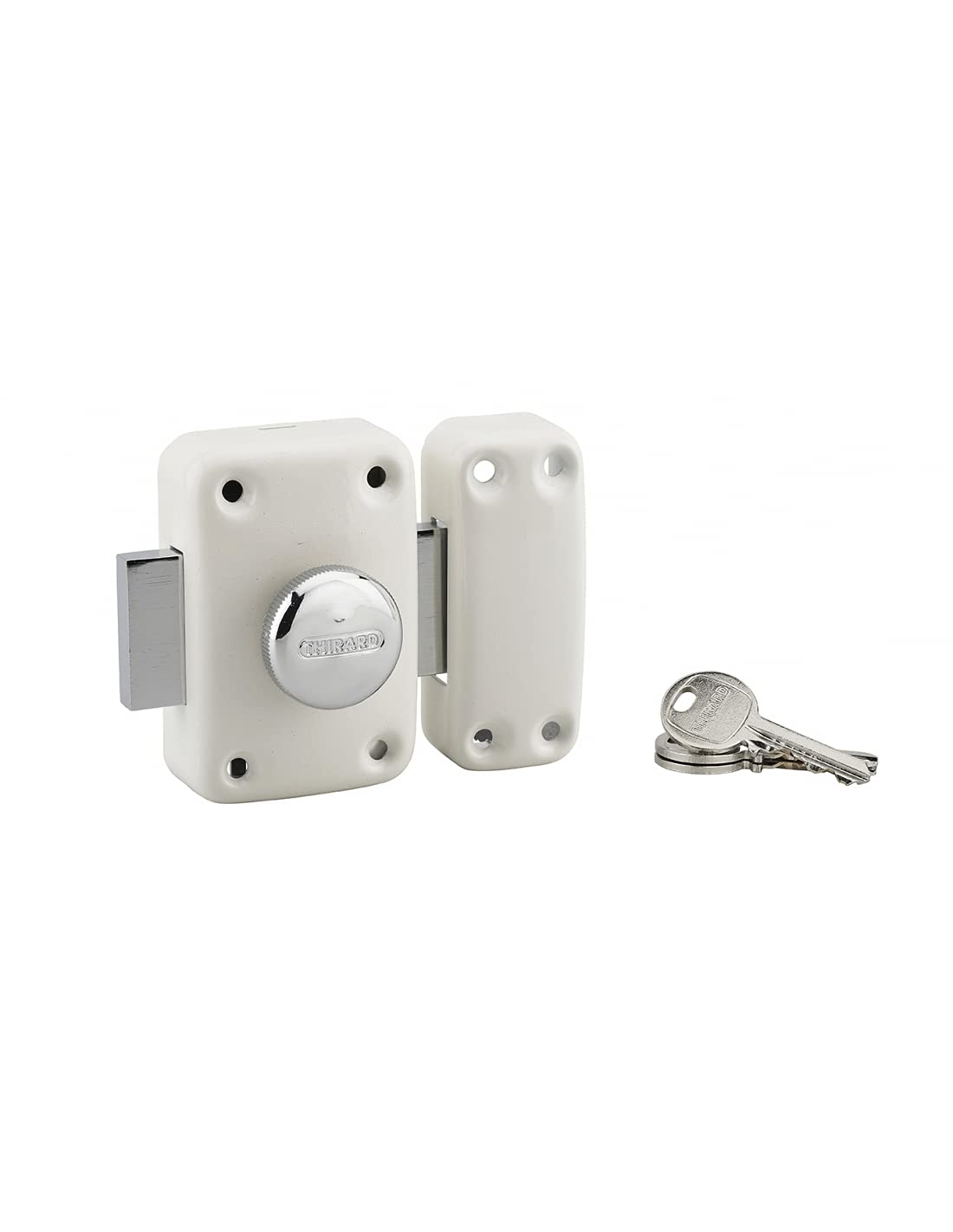 Verrou à bouton Apache, haute sécurité, pour porte d'entrée, cylindre 40 mm, acier robuste, 3 clés incluses, finition époxy blanc, installation facile, design élégant, THIRARD