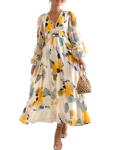 Sissyaki Women's Long Sleeve Boho Floral Maxi Dress Summer Fall Wedding Guest Dress Yellow-Watercolour S
