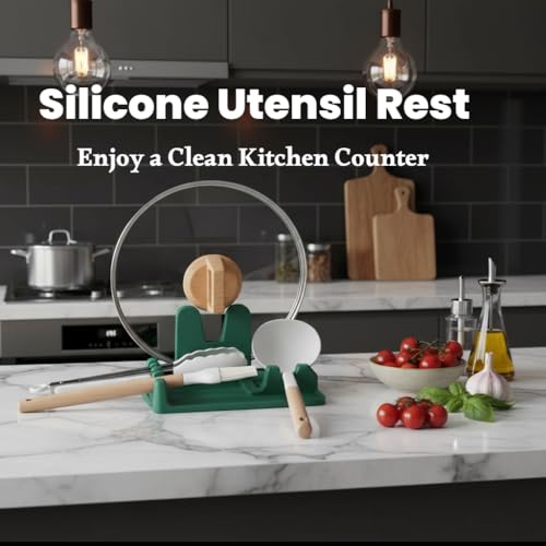 Image of Auoon Silicone Spoon Rest with Lid Holder - 3 in 1 Kitchen Utensil Rest for Soup Ladles, Pot Lids, Spatulas, Spoons, Tongs, BPA Free & Dishwasher Safe, 8.26 x 8.06 Inch (Sea Blue, Large)