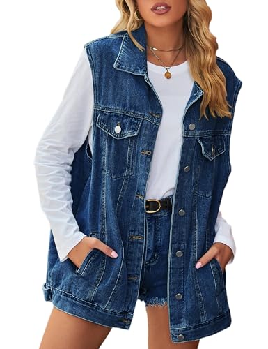 Oulivey Denim Jean Vest for Women Oversized Sleeveless Mid Long Button Down Denim Waistcoat(0027-02DarkBlue-XL)