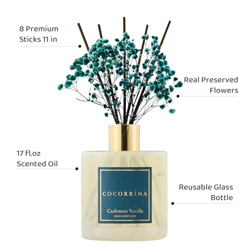 Image of COCORRINA Reed Diffuser - Cashmere Vanilla 17 Fl.oz Reed Diffuser with 8 Sticks Scented Diffuser with Preserved Flowers for Bathroom Home Decor