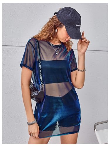 Image of Floerns Women's See Through Sheer Mesh Night Out Dress Short Sleeve Round Neck Club Short Dress
