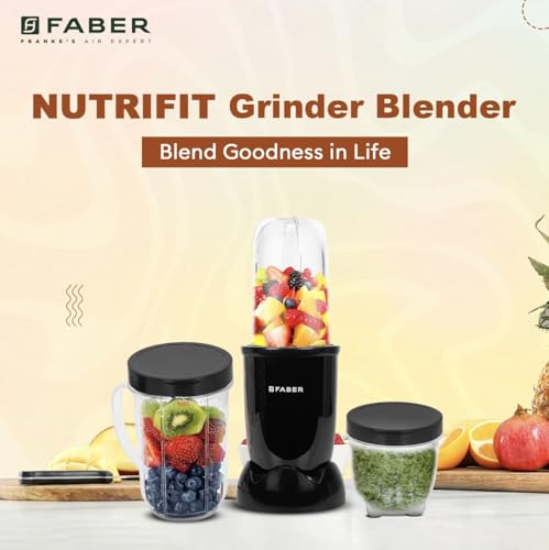 Image of Faber 550W Sportz Blender FSB 3-in-1 Nutrifit Nero|Mixer Grinder Blender|100% Copper Motor|Detachable SS Blade|3 PC Jar 500ML+300ML+500ML Mug|Wet, Dry Grinding|2 Year Warranty by Faber