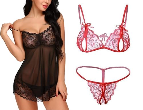 Image of SSoShHub Lace Babydoll Lingerie Sexy Mini Chemise Mesh Wedding Nightie Bridal Nightdress with Bikini
