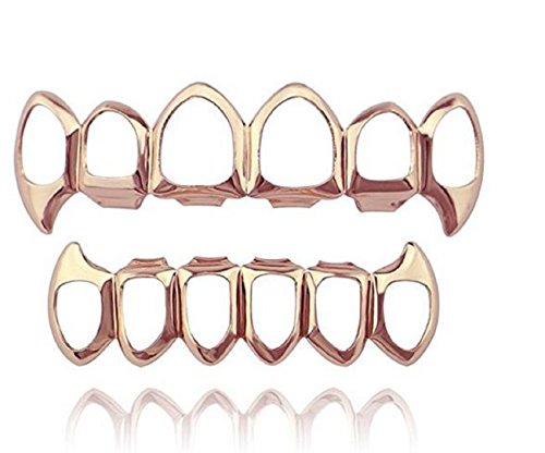 mainlead Open Face Outline Grills 6 Teeth Top and Bottom Set Hip Hop Teeth Rose Gold