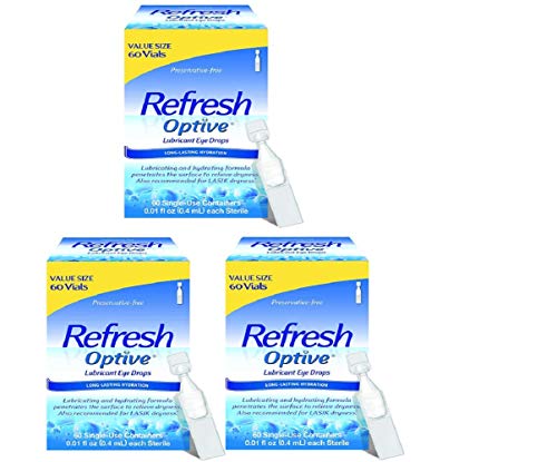 Refresh Optive Lubricant Drops for Sensitive Eyes, 60 Vials, Preservative-free - Great Value Size (Pack of 3)- (180 Vials)