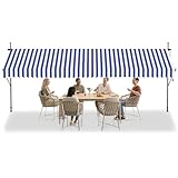 HENGMEI Klemmmarkise Balkon 400 x 120 cm ohne Bohren Balkonmarkise Markise mit Handkurbel Sonnenschutz, UV-beständig höhenverstellbar für Terrasse Balkon, Blaue und Weiße Streifen