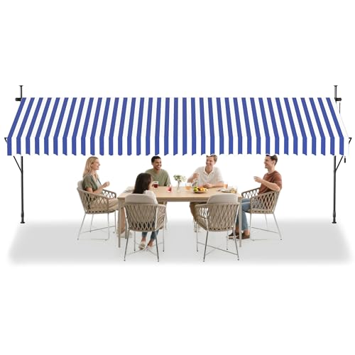 HENGMEI Klemmmarkise Balkon 400 x 120 cm ohne Bohren Balkonmarkise Markise mit Handkurbel Sonnenschutz, UV-beständig höhenverstellbar für Terrasse Balkon, Blaue und Weiße Streifen