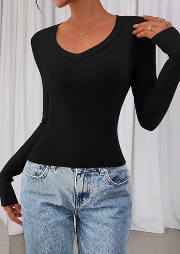 PRETTYGARDEN Womens Long Sleeve T Shirts 2025 Fall Trendy Deep V Neck Slim Fit Basic Crop Tops Casual Going Out Top3