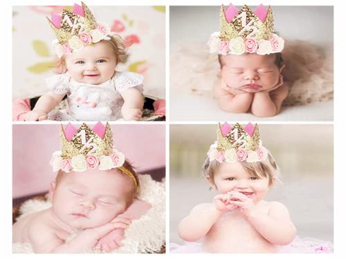 Hitopin Baby verjaardag kroon 1 stuks baby verjaardag hoed prinses kroon baby rose bloem gouden kroon tiara partij hoed… - Image 6