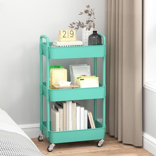 Image of Sywhitta 3-Tier Plastic Rolling Utility Cart with Wheels for Storage, Green | Multi-Functional Storage Trolley, for Office, Living Room, Kitchen, Bathroom,Movable Organizer,Space-Saving,Easy to assemble