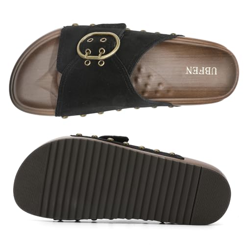 Image of UBFEN Womens Platform Slide Sandals | Real Leather,Buckle Sandals with Cushioned Flatform Footbed,Comfortable for Walking,Arch Support,Casual Styling