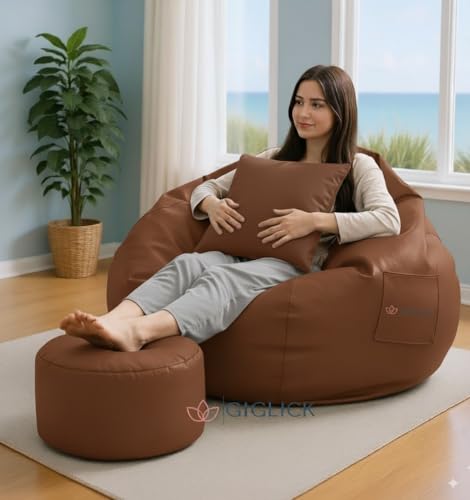 Image of Filled Bean Bag with Footstool N Cushion | Luxury Leatherette Bean Bag Chair for Adults & Kids | Comfortable, Durable, Stylish for Living Room, Bedroom, Gaming & Home Decor (Tan, 4XL)