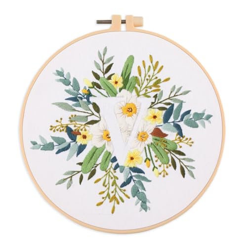 Image of IUHUI Embroidery Kit for Beginners Adults - 26 Floral Letters Easy Patterns, DIY Hand Stitching Embroidery Set with Hoop (Flower and Grass Letter V)