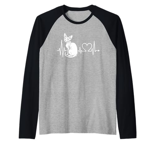 Sphynx Cat Heartbeat ECG divertido gato sin pelo amante mamá papá Camiseta Manga Raglan