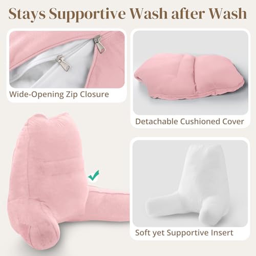 Image of Sasttie Reading Pillow for Bed, Back Pillow for Sitting Up, Pink | 23 inch Backrest Support Cushion for Couch, Sofa, and Floor, Dorm Essentials, OEKO-TEX, Adjustable Down Alternative Fill