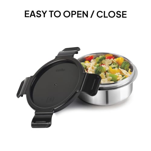 Image of CELLO MF Senator Set of 4 Stainless Steel Lunch Box with Extendable Zipper Bag, Black | 300ml, 300ml, 500ml Containers, 750ml Oval Container with Spoon & Fork, Leakproof Airtight Tiffin Set for Office