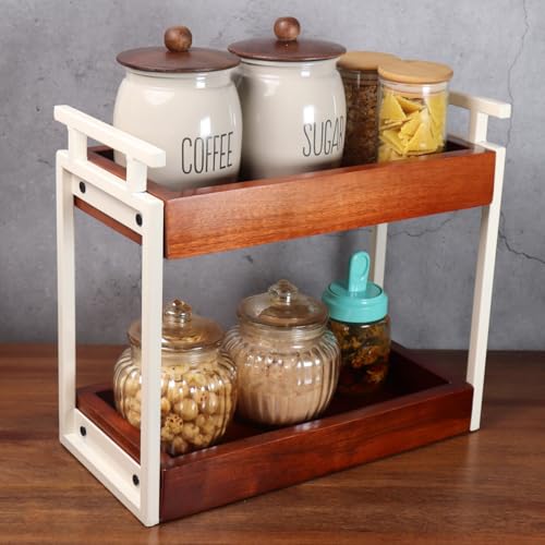Image of Premium The Blanc Multipurpose kitchen wooden Rack |Iron Countertop Racks |Living Area Versatile Storage Shelf with 2 Compartments |Spice Rack Organizer|Makeup rack |Office shelf