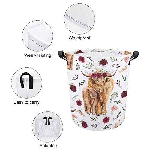 Renjundun Floral Highland Cow Storage Basket Collapsible Toys Storage Box Bin Laundry Organizer For Closet Shelf Nursery Kids Bedroom, 17.3'' Hx16.5''D #TOP3