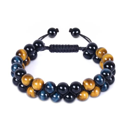 Triple Crystal Protection Bracelet Handmade Black Obsidian Blue Tiger Eye and Hematite Stone Natural Crystal Healing Jewelry for Men Women Adjustable Rope (8mm) (8mm)