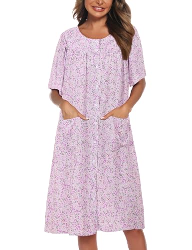 Image of COSUNIONY House Dresses for Women Cotton Short Sleeve House Coat Buttons Down Dusters Robe with Pockets S-XXL