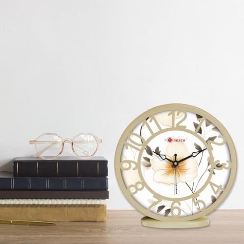 Image of Bosco Analog Non Ticking Silent, Delicate Floral Print in Beige Colour, 20 CM Table Cum Decorative Round Wall Clock for Home, Living Room, Bed Room, Office and Kitchen | BWC-1210