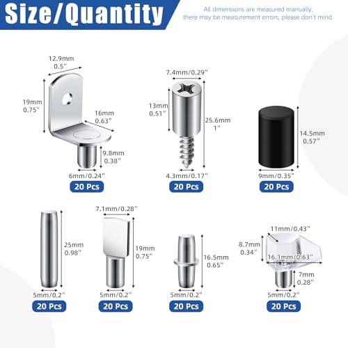 Glarks 140pcs 6 Style Regal Pins Regal Peg Pins Kit, beinhaltet Kunststoff Schrank Regal Unterstützung Pins, flache Löffel Pegs, zylindrische Stifthalter, L-förmige Regal Unterstützung Pegs