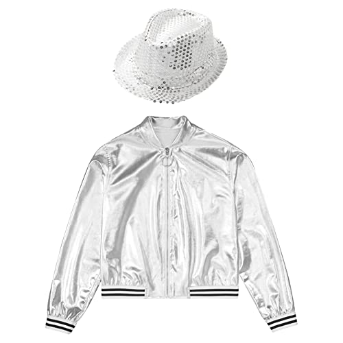 Kids Girls Sequins Long Sleeve Jacket with Hat Lightweight Flight Jacket Boys Bomber Jacket Jazz Dance Outfit Outwear3