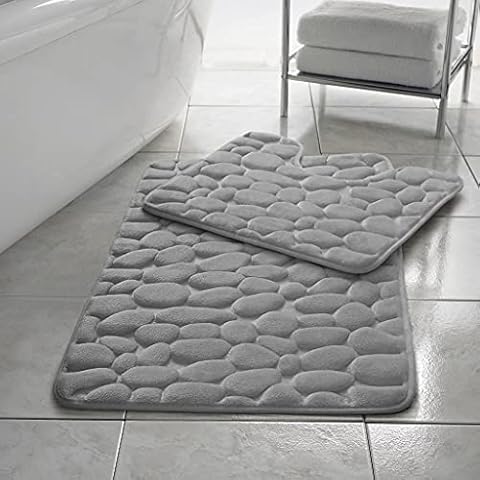 Memory Foam Pebble Memory Foam Pebble Bath Mat Set Pedestal Bathroom Rug 2 Piece Soft Absorbent Non Slip Silver Bath Mat (50CM X 80 CM) & Pedestal Mat (50CM X 40 CM) Approximate Cover