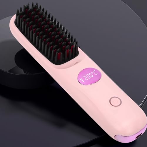 Plancha de pelo inalámbrica con peine, calentamiento rápido, recargable por USB, con pantalla LCD y distribución uniforme del calor, para viaje y uso diario (rosa) miniatura 6