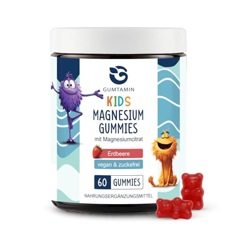 Gumtamin Kids Magnesium Gummies Magnesium Fruchtgummis für Kinder ab 4 Jahren & Jugendliche mit Magnesiumcitrat vegan & zuckerfrei Erdbeere 60 Stück