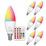LED Lampe E14 RGBW 2700K 6er Set LED Farbwechsel Birne 5 Watt (ersetzt 40W), Dimmbar Farben LED Glühbirne, Farbwechsel Glühbirne mit Fernbedienung | RGB und warmweiss 2700K