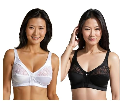 reshmena® 2 Non-Wired Floral Lace Bra for Womens Soft Cup, Non-Padded, Multipack in White and Black Bralette Adjustable Straps Firm Control Satin Bras Black/White 38DD