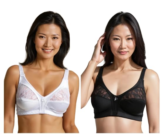 2 Women's Non-Wired Floral Lace Bra, Soft Cup, Non-Padded, Multipack in White and Black Bralette Adjustable Straps Firm Control Satin Bras 2-Pack