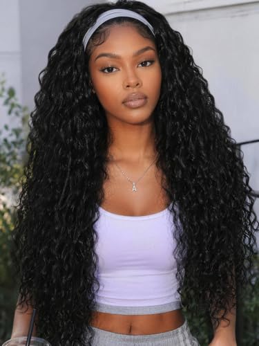 Image of KLAIYI Water Wave 3 In 1 Flip Over 3 /4 Half Wig Human Hair Curly Flip Over Seamless Blend Edges Glueless Wear and Go Drawstring Headband Clip In Wigs for Women Ready to Go Wig Beginner Friendly 24Inch