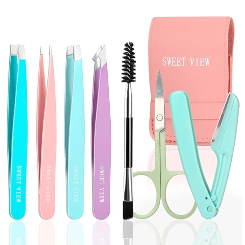 SWEET VIEW 7pcs Eyebrow Tweezers Kit for Women Precision Plucker with Brow Scissors & Razor & Spoolie for Facial, Chin, Brow, Splinter and Ingrown Hair