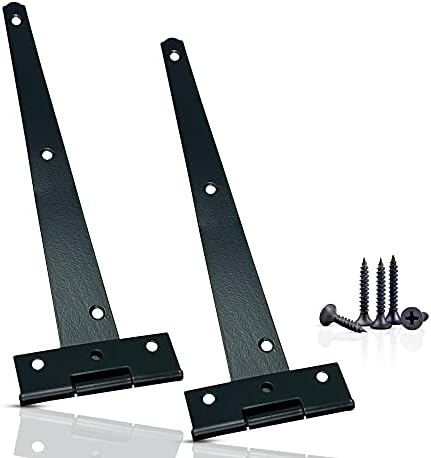 Garden Gate Hinges for Wooden Shed - 10 Inch 2Pcs Weather & Rustproof Powder Coating Metal Tee Strap Black Door Hinges for Garden Shed, Window, Fence, and Barn
