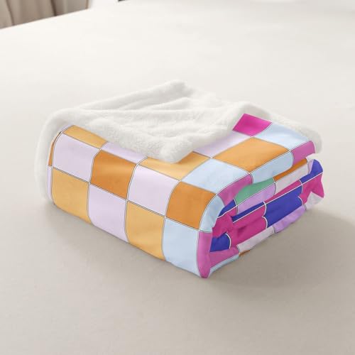 Image of Erosebridal Colorful Checkered Throw Blanket Twin 60 inchX80 inch Rainbow Checkerboard Grid Fleece Bed Blanket Blue Pink Purple Ombre Plaid Sherpa Blanket for Kids Boys Girls,Groovy Aesthetic Plush Blanket