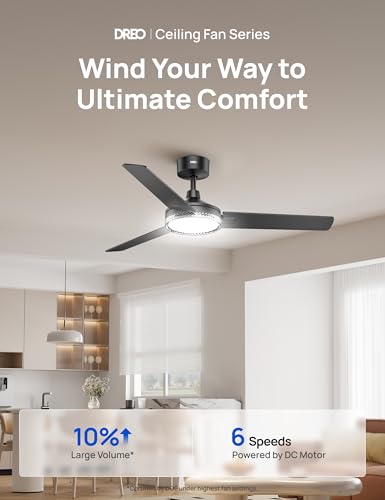Image of DREO Bedroom Ceiling Fan with Lights, Quiet DC Motor, 22db,Quick-Install, Powerful Airflow, 6 Speeds with Remote, Reversible, 6-Level Dimmable, 5CCT, Black,52 inch Indoor /Outdoor