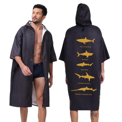 Treer Poncho de Surf Hombre Mujer Microfibra Poncho Toalla Adulto con Capucha y Cremallera Secado Rápido Transpirable Albornoz para Cambiarse Elegante para Playa Natacion (Negro,75x110cm)