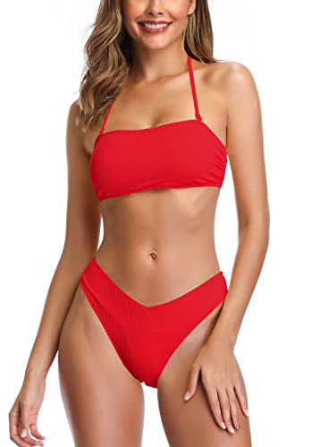 SHEKINI Women s Bathing Suit Lace up Bandeau Bikini Ribbed Two Piece Swimsuit (Rose Red, Small)