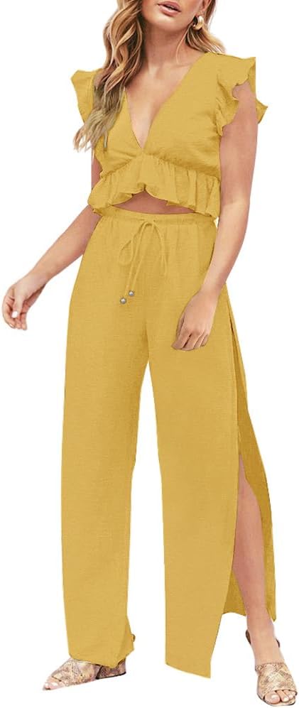 FANCYINN Womens 2 Pieces Outfits Deep V Neck Crop Top Side Slit Drawstring Wide Leg Pants Set Jumpsuits