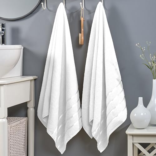 Image of Elegant Comfort 100% Turkish Cotton 4 Lines Viscose Stripe Luxury 2 Pack Bath Towel Set 27 x 54 Inch - Super Soft and Highly Absorbent Premium Hotel Spa Quality Towels for Bathroom Use, White