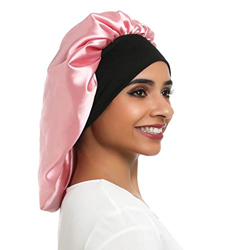 Women Large Satin Bonnet Sleep cap Hair Bonnet Satin Cap Wide Elastic Band for Curly,Braids, Dreadlocks, Long Hair (ADULT, Pink2)